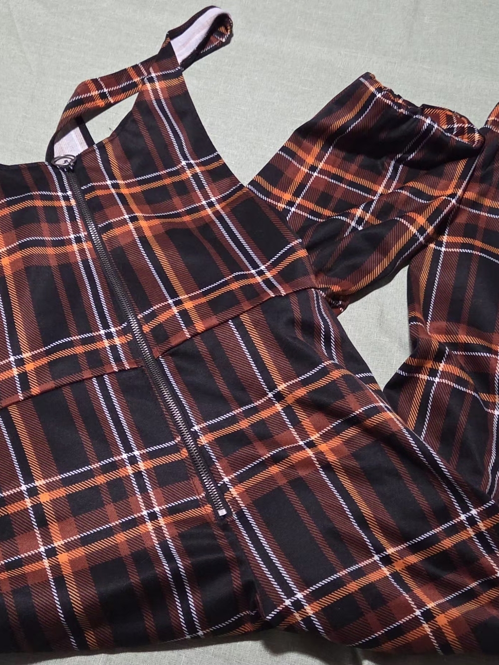 Plaid Zip-Front Jumpsuit in Black and Orange